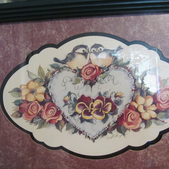 Vtg Home Interiors Joy Alldredge Picture - Chickadees, Heart, Flowers 19 x 13 - Picture 4 of 15